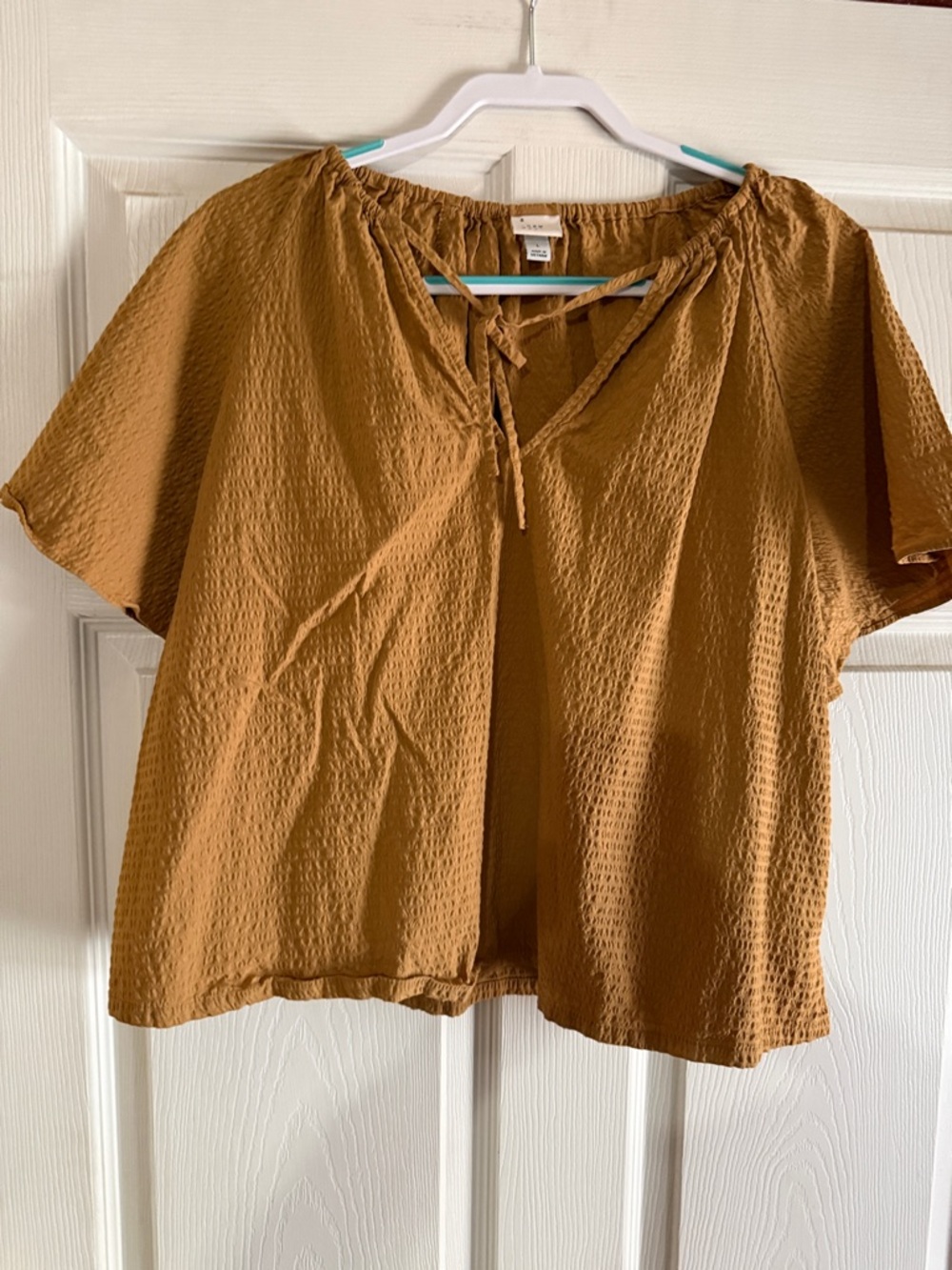 a new day Tie-Front Short Sleeve Blouse in Camel